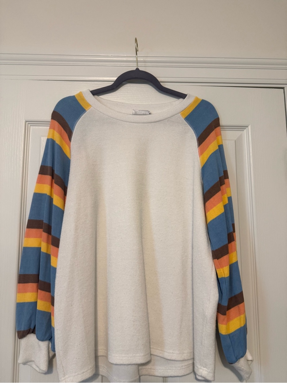 Striped Sleeve Cream Raglan Sweater